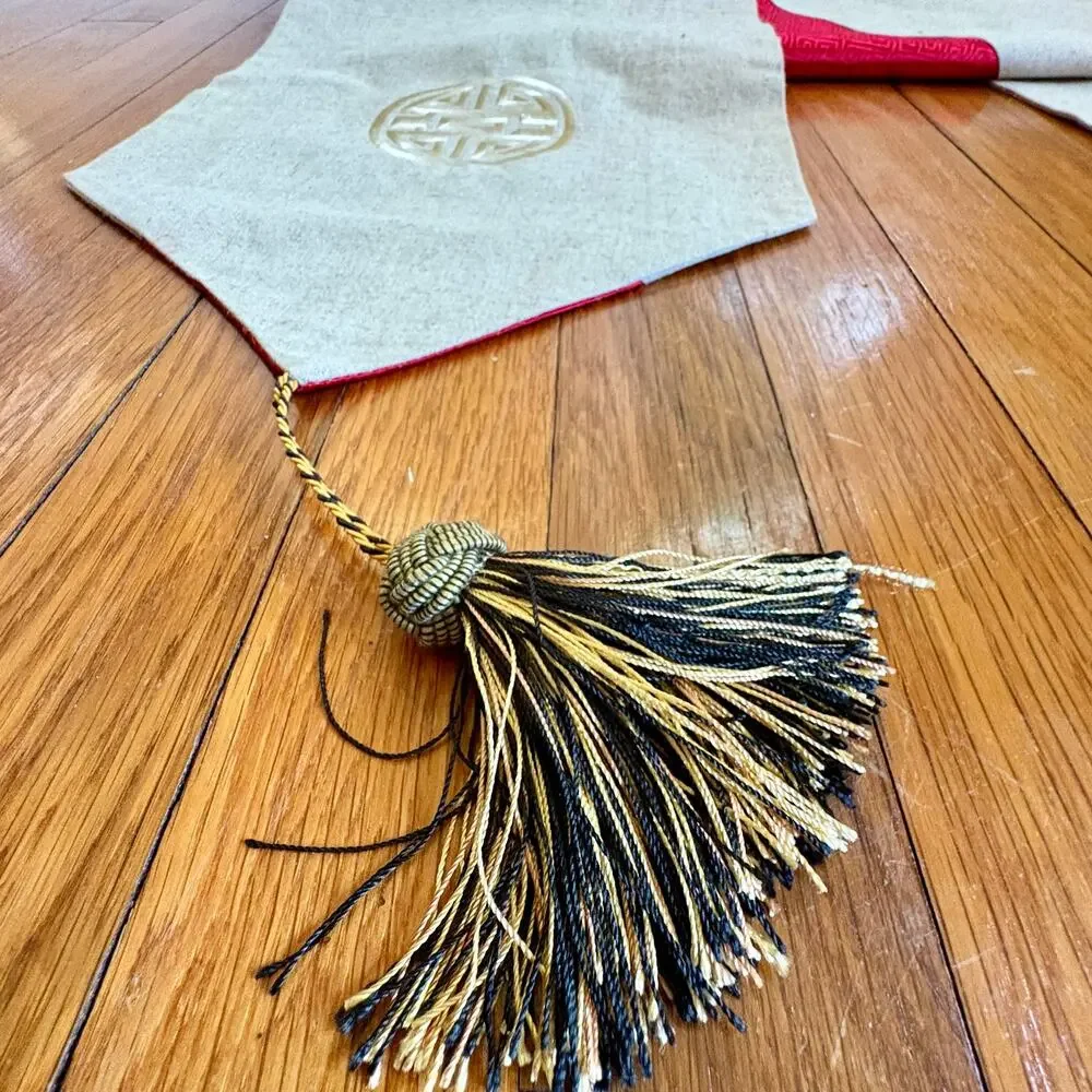 Reversible Asian Brocade Table Runner Red Tan Shou Tassels